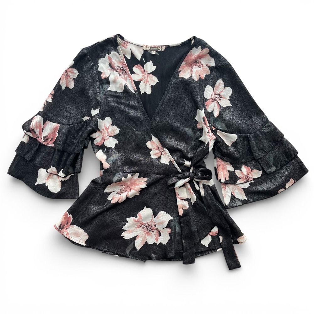 Gimmicks BKE Women's S Black Pink  Floral Metallic 3/4 Ruffle Sleeve Wrap Blouse